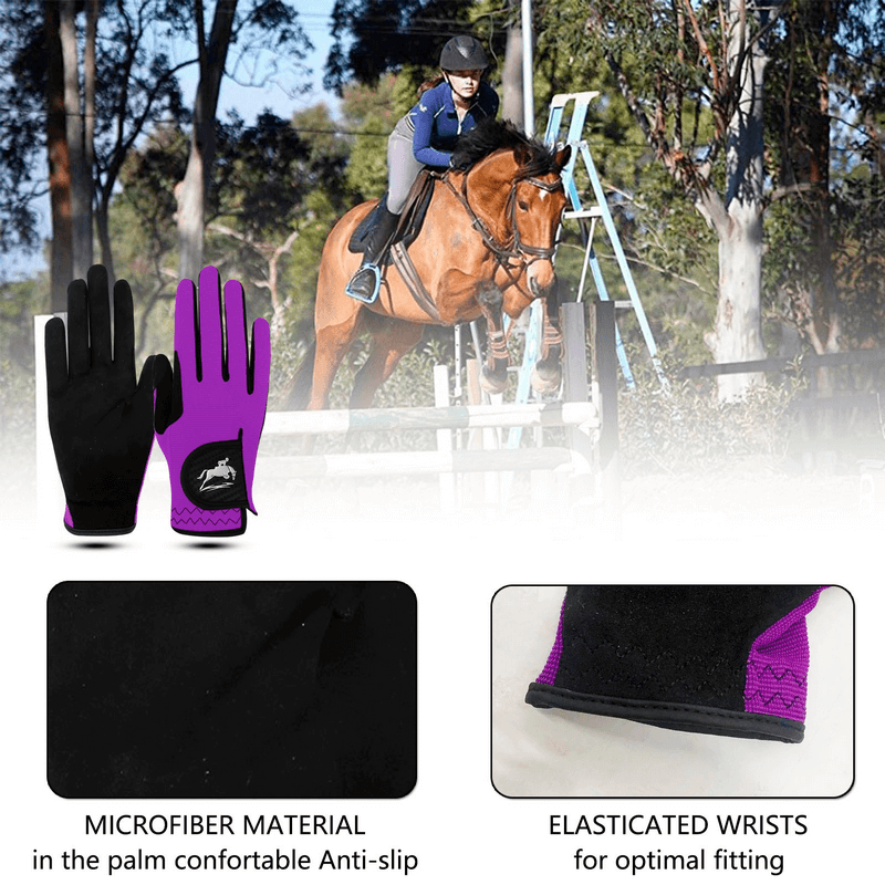 Elastic Anti-Slip Women's Horse Riding Gloves with microfiber material for grip and comfort, shown with a female rider on a horse.