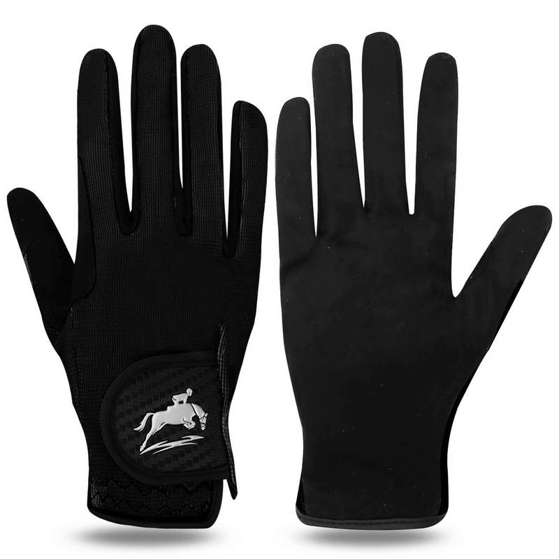 Elastic anti-slip women's horse riding gloves in black, featuring superior grip and comfort made from durable microfiber material. Model SF0901.