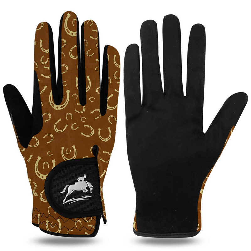Elastic anti-slip women's gloves for horse riding, featuring microfiber material, brown with horseshoe design, perfect fit for equestrians.