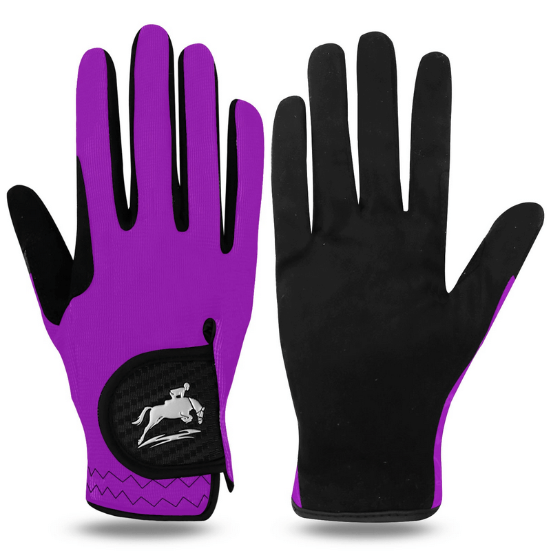 Purple elastic anti-slip women's gloves for horse riding with sleek design, featuring microfiber material for comfort and superior grip.