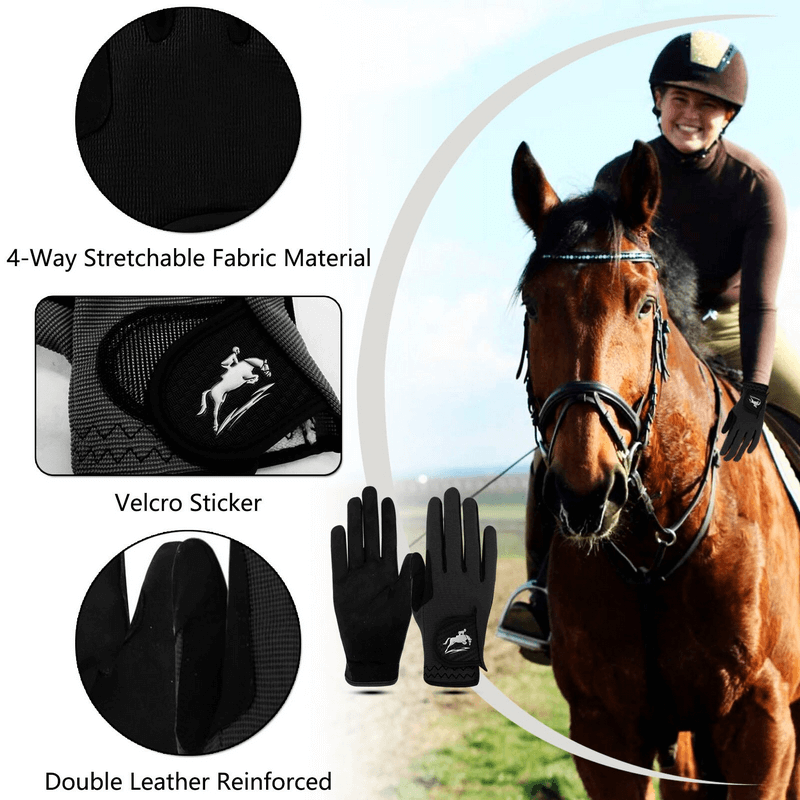 Elastic Anti-Slip Women's Horse Riding Gloves with rider, horse, and glove features: stretchable material, velcro, and reinforced leather.