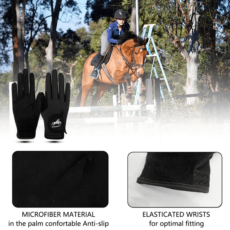 Elastic anti-slip women's gloves for horse riding, featuring microfiber material and elastic wrists for secure fit, shown with rider and horse.