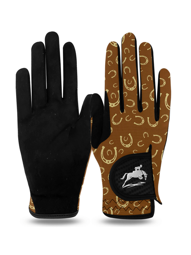 Elastic Anti-Slip Women's Horse Riding Gloves, brown with horse design, ideal for equestrians, offering superior grip and comfort.