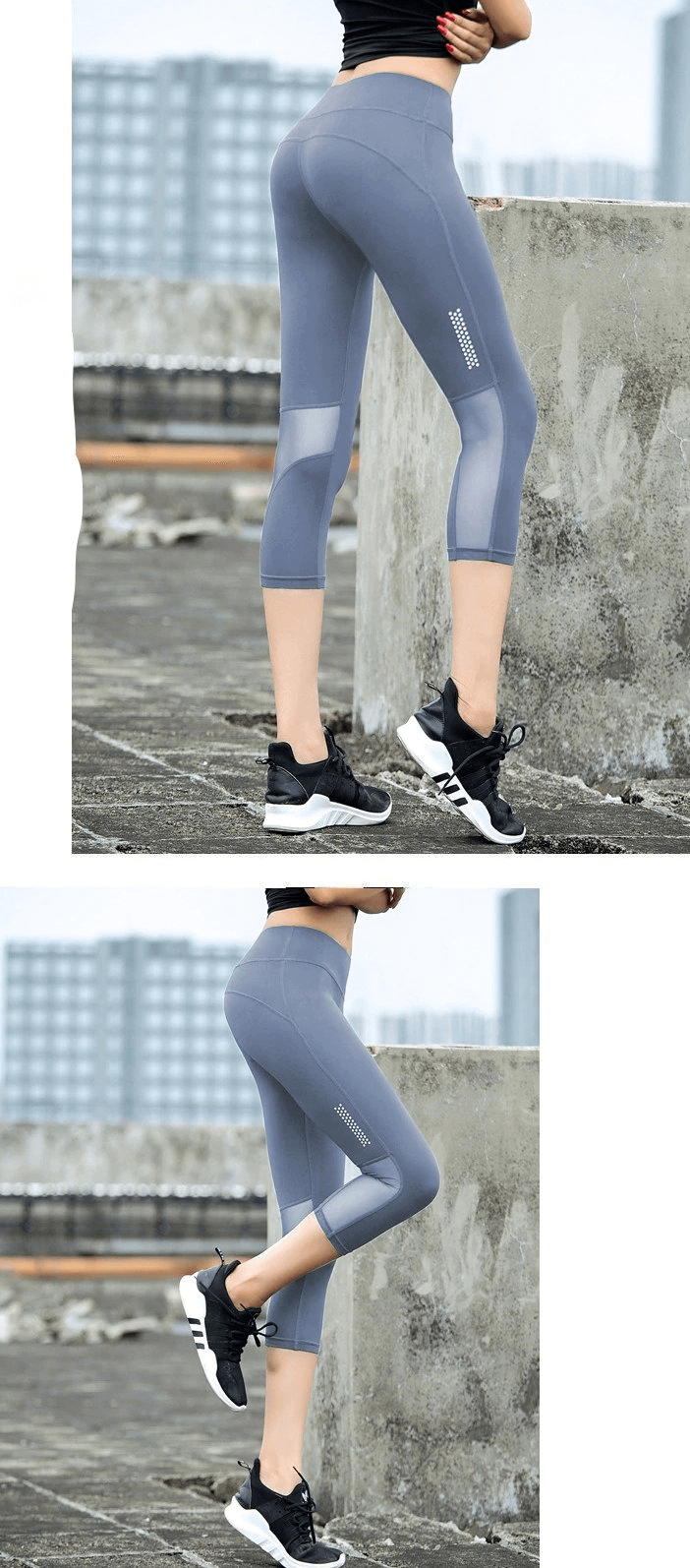 Woman wearing elastic breathable high-waisted cropped leggings in gray for yoga, showing side and back views.