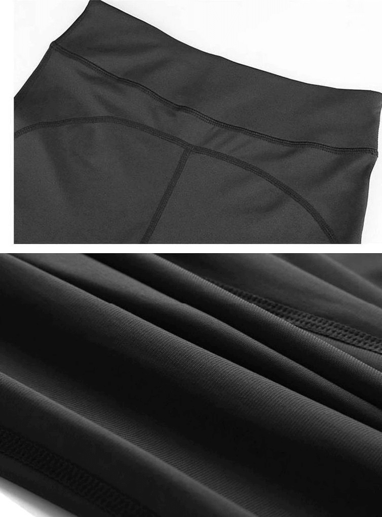 Close-up of black elastic breathable high-waisted cropped leggings, perfect for yoga and flexibility. SF0173
