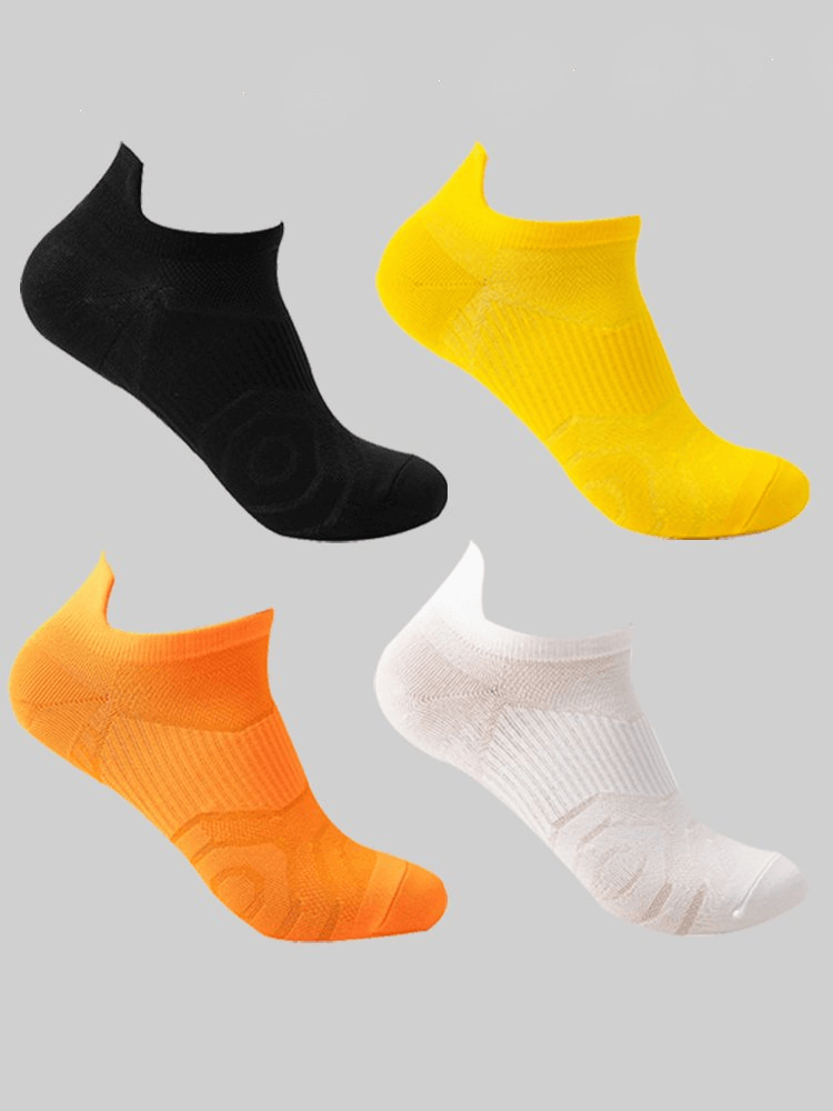 Colorful elastic breathable unisex short socks in black, yellow, orange, and white. Ankle-high, perfect for comfort and mobility.