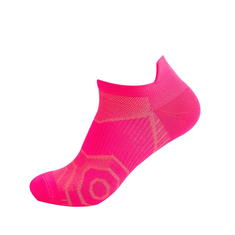 Vibrant pink elastic breathable unisex short sock with ankle-high design for comfort and mobility, crafted with cotton and polyester.