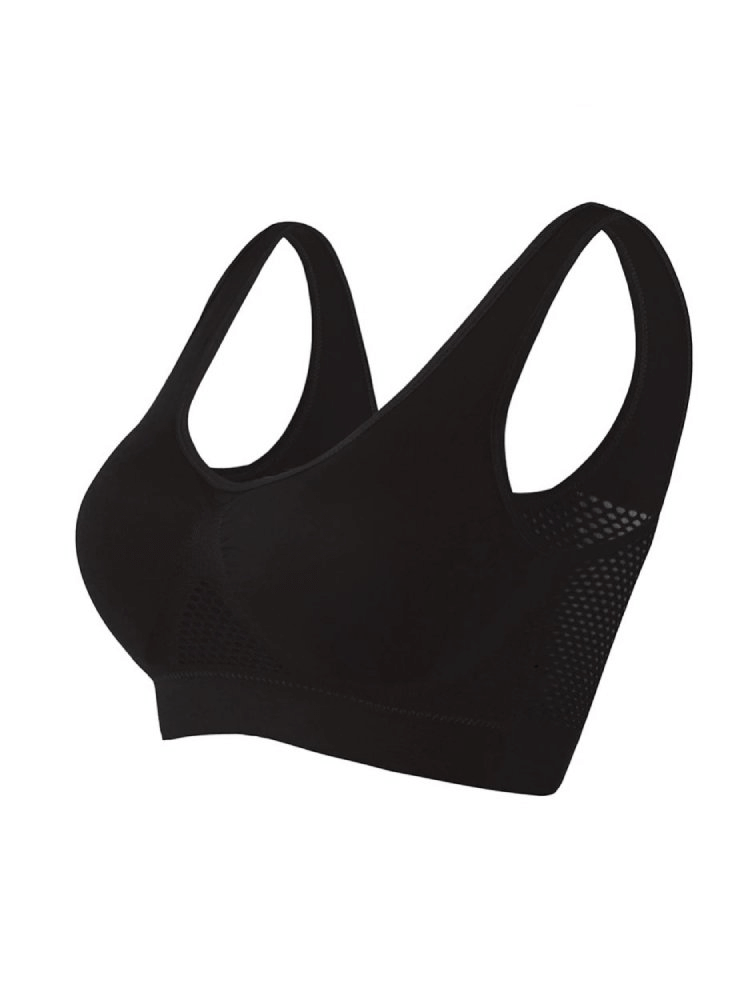 Elastic breathable women's sports bra SF0448, black, wire-free, seamless padding, stylish, supportive, workout comfort