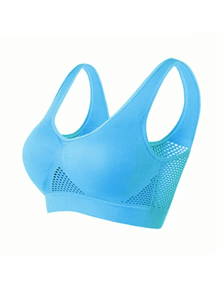 Blue elastic breathable women's sports bra with holes, seamless design, nylon-spandex, wire-free, comfortable for workouts - SF0448