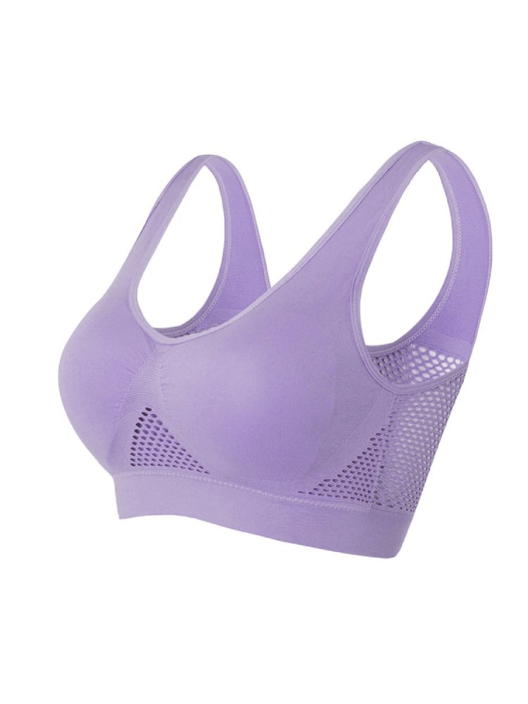 Purple elastic breathable women's sports bra with holes, wire-free design, and seamless padding for comfortable active wear.
