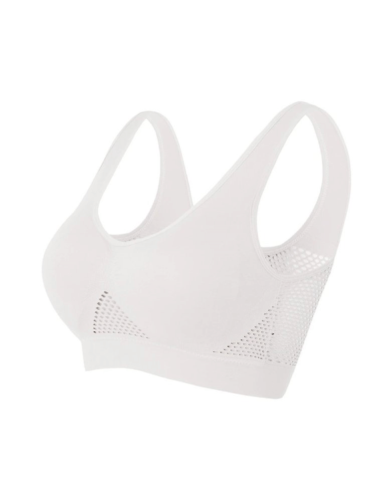 White elastic breathable women's sports bra with mesh holes, seamless padding, and wire-free design for comfort during workouts.