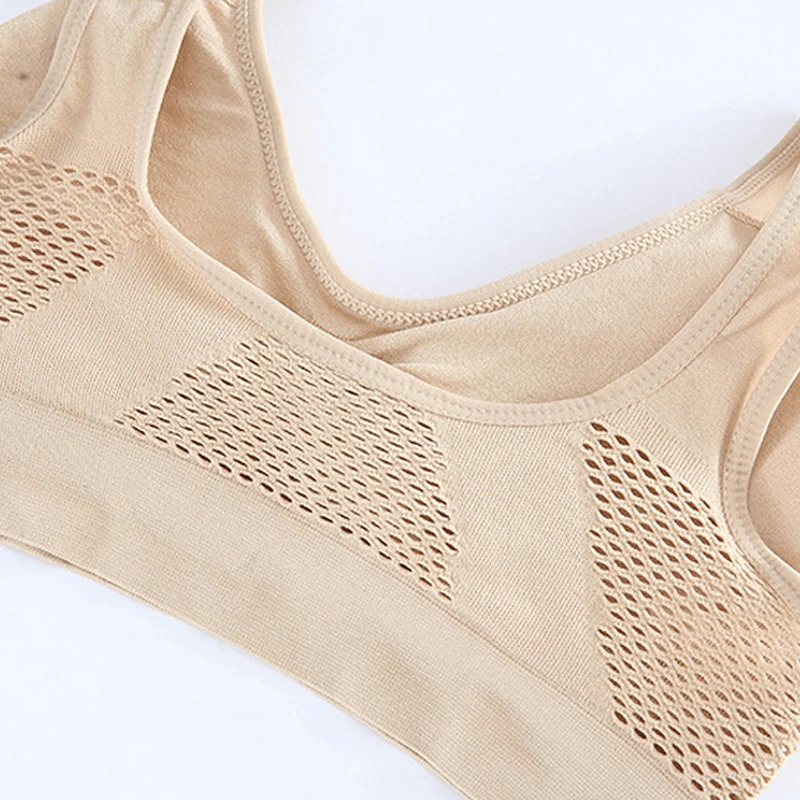 Elastic breathable women's sports bra with holes, stylish wire-free design in beige, perfect for everyday workouts - SF0448