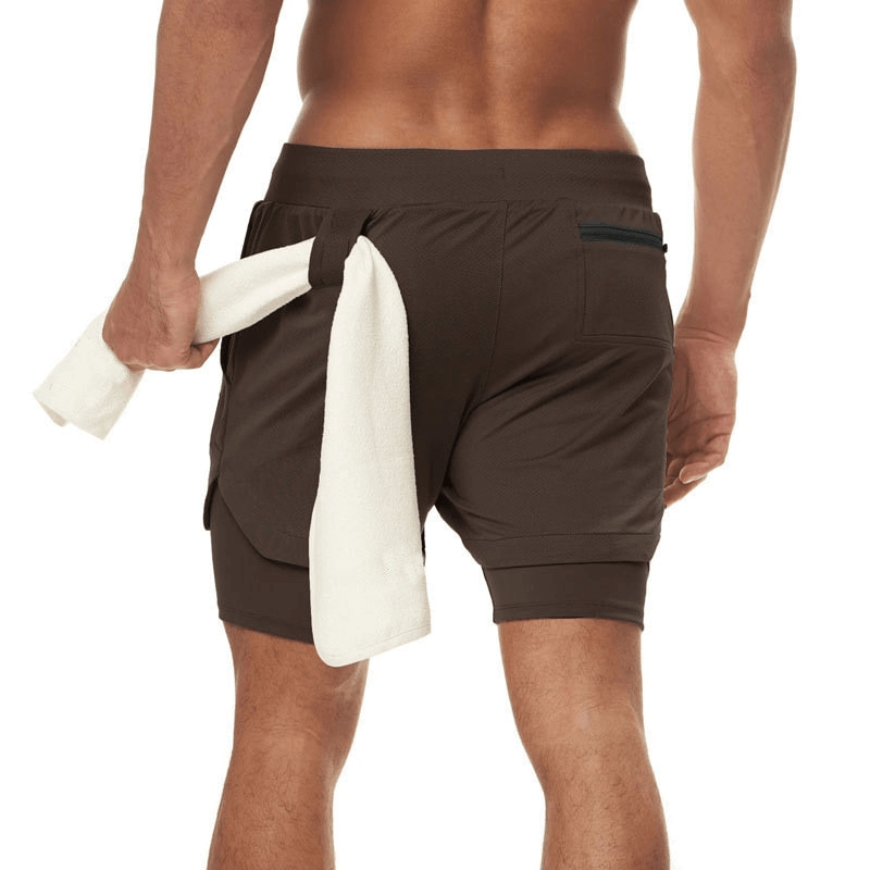 Back view of Elastic Fitness Running Double Shorts with towel in pocket, featuring quick-drying polyester fabric and secure phone pocket.