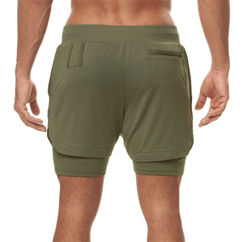 Back view of green elastic fitness running double shorts with phone pocket, ideal for jogging and bodybuilding. Style SF0938.