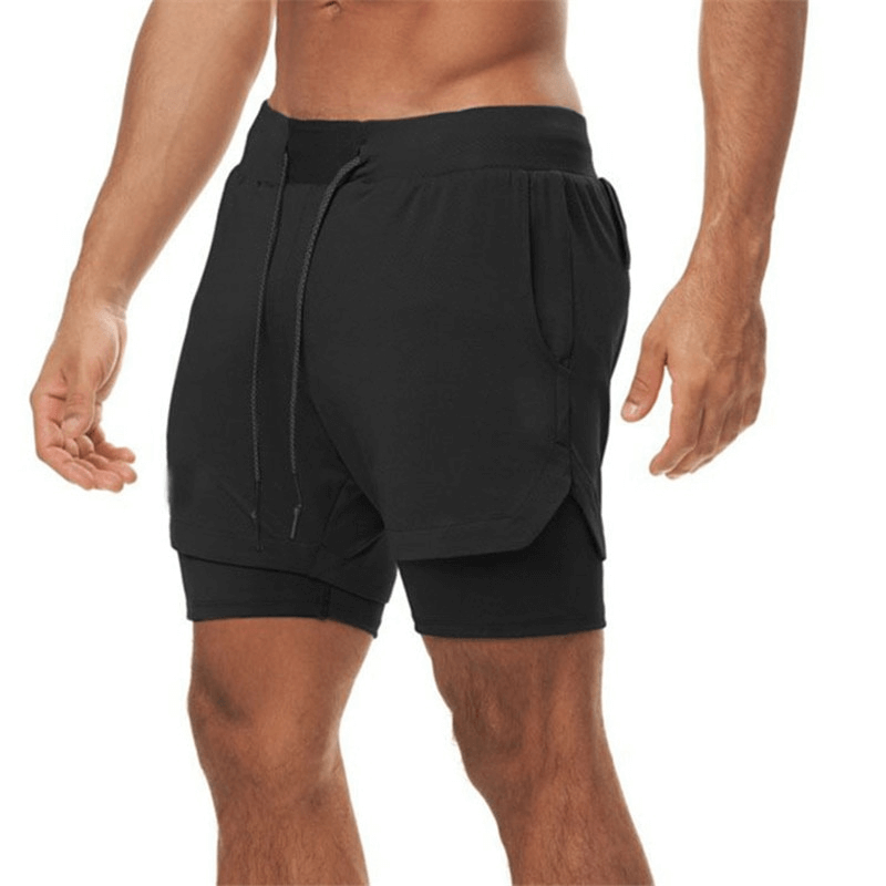 Elastic Fitness Running Double Shorts with phone pocket in black, designed for comfort and breathability during intense workouts, model SF0938.