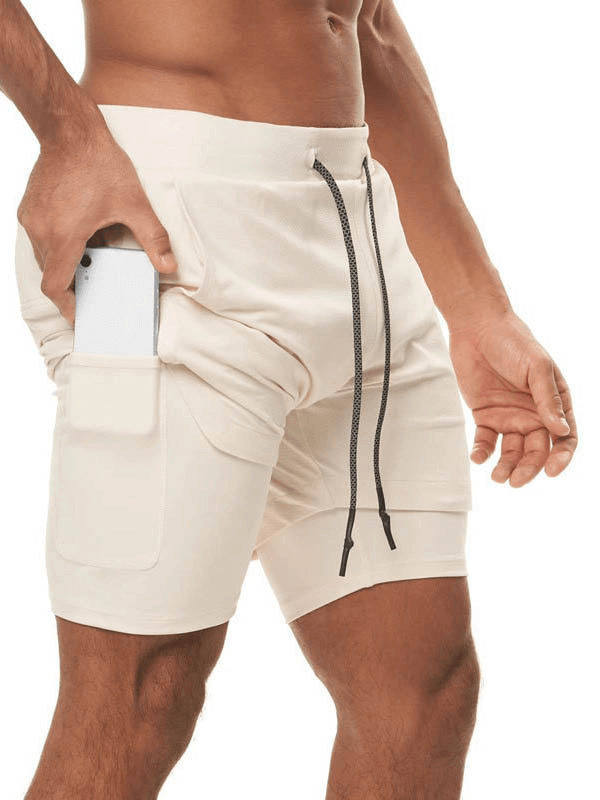 Elastic fitness running shorts with phone pocket showing double-deck design for comfortable workouts and jogging.