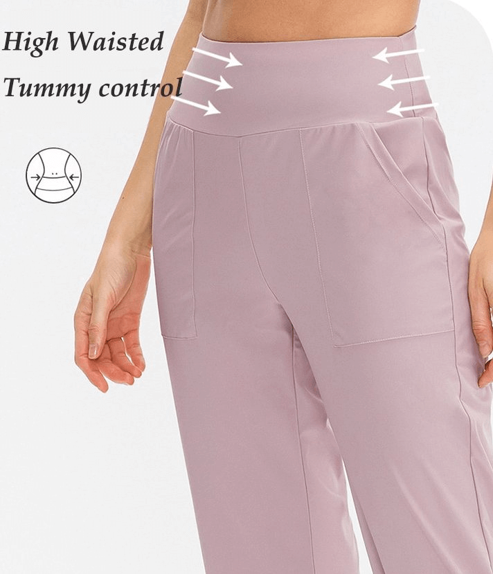High-waisted women's sweatpants with tummy control and pockets, ideal for yoga or workouts. Elastic band for adjustable fit.