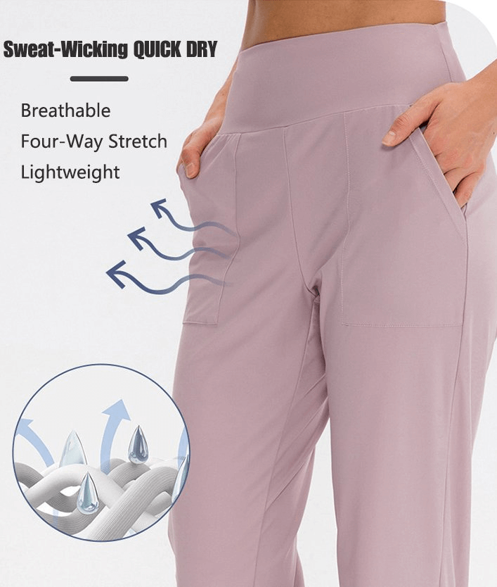 Lightweight women's sweatpants with elastic waistband and pockets, highlighting sweat-wicking and quick-dry fabric benefits.
