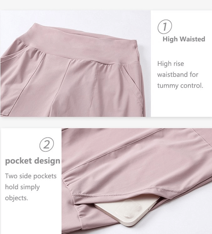 Close-up of pink women's sweatpants with high waistband for tummy control and convenient side pockets for small items.