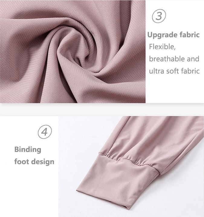 Close-up of elastic lightweight fabric and binding foot design on women's sweatpants showcasing flexibility and comfort.