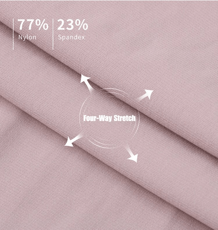 Close-up of pink fabric with 77% nylon and 23% spandex, highlighting four-way stretch.