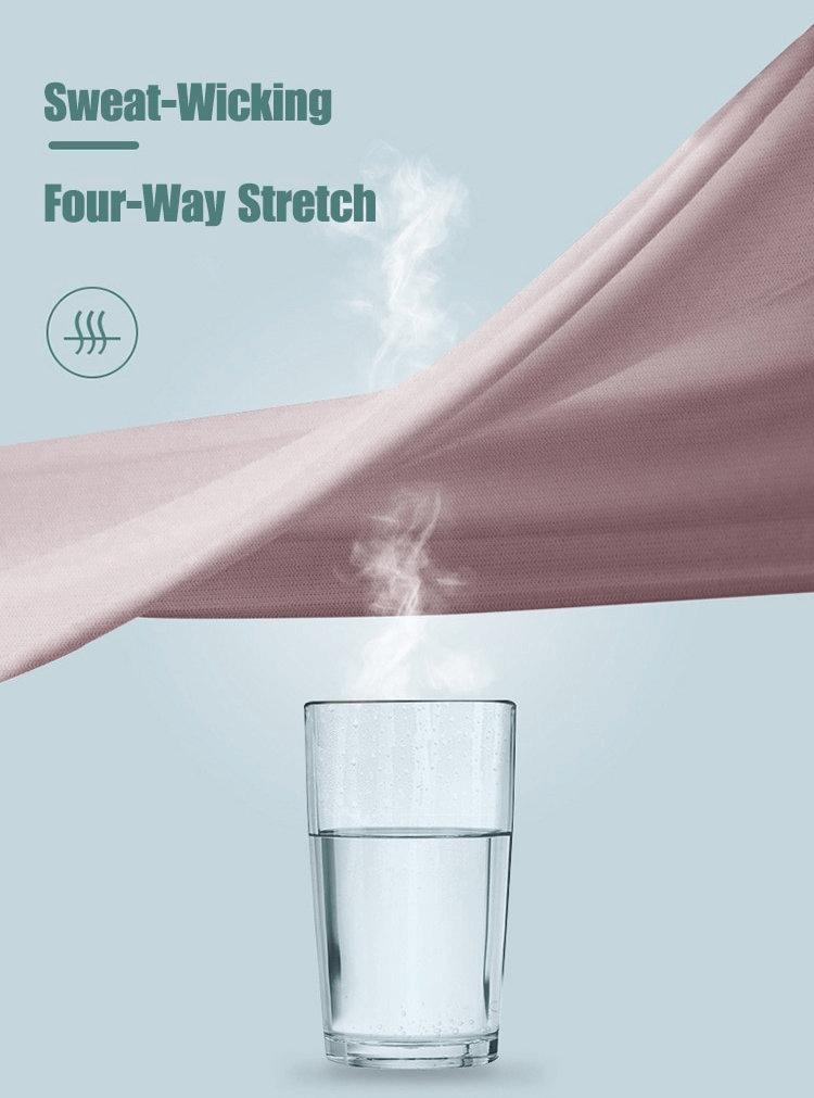 Steam rises from a glass of water under a four-way stretch sweat-wicking fabric, showcasing moisture resistance.