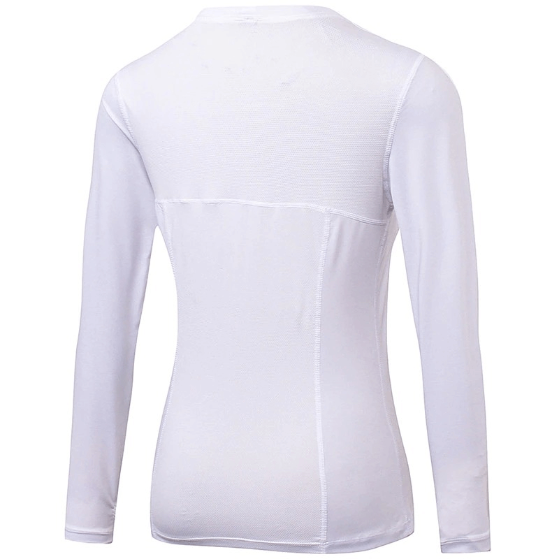 Back view of white women's elastic long sleeve running top, ideal for gym and yoga. Breathable, quick-dry fabric for comfort.