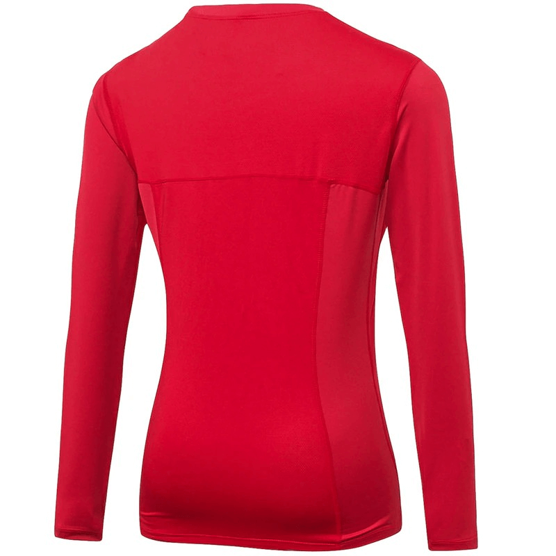 Red women's long sleeve athletic top, ideal for running or gym workouts. Breathable, quick-dry polyester/spandex fabric.