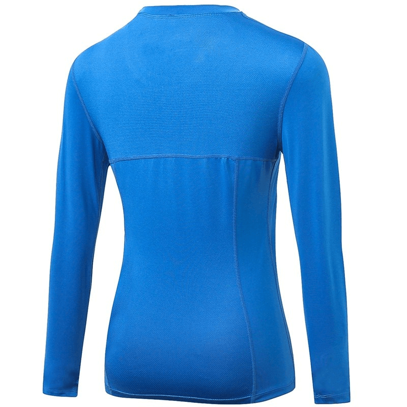 Blue Elastic Long Sleeve Women's Running Top with O-neck, breathable and quick-drying for gym, yoga, and workouts.