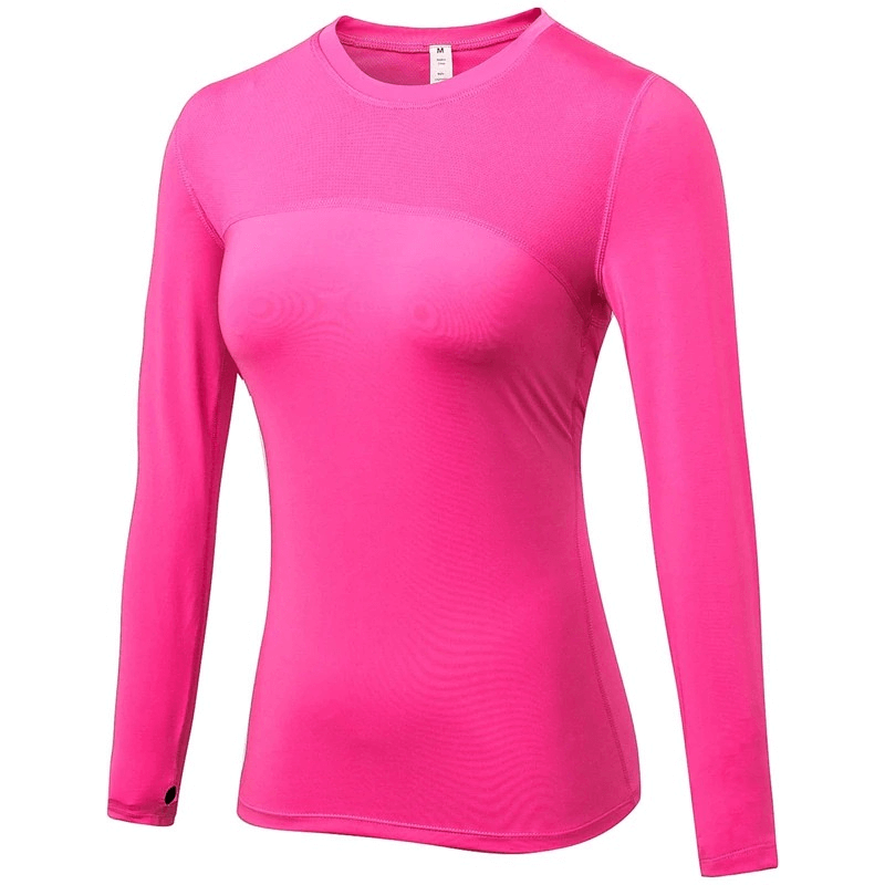 Women's pink elastic long sleeve running top, ideal gym compression sportswear with quick-dry breathable fabric - SF0054
