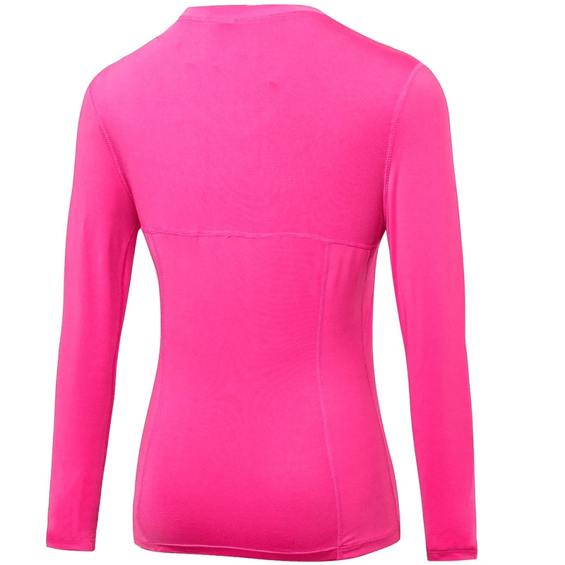 Pink elastic long sleeve running top for women, ideal gym and yoga wear, made of quick-dry polyester/spandex with O-neck collar.