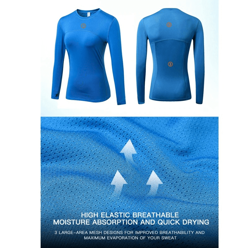 Women's blue elastic long sleeve running top, breathable, moisture-wicking polyester/spandex fabric, front and back view with close-up texture.