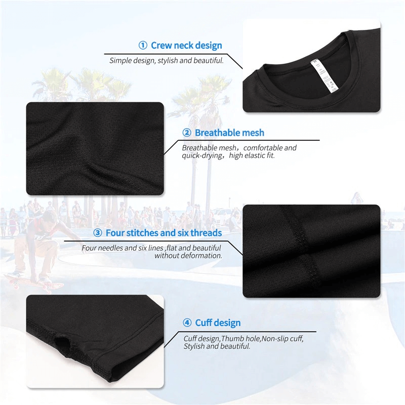 Details of black long sleeve women's running top with crew neck, breathable mesh, cuff design, and durable stitching.