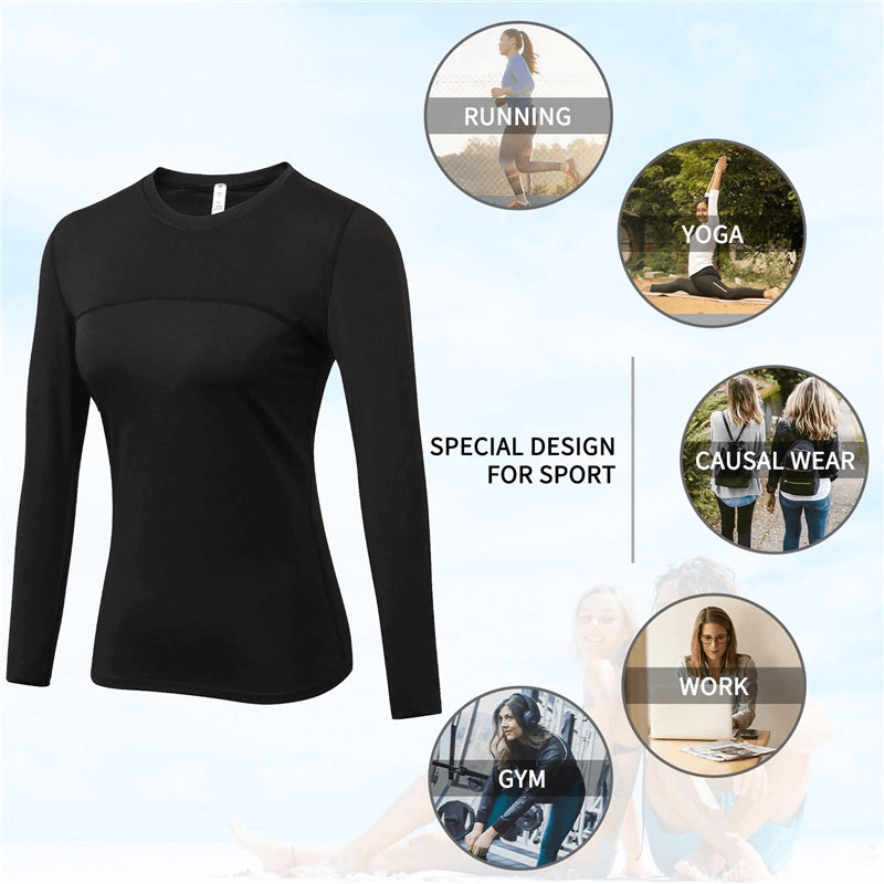 Women's black long sleeve running top for gym, yoga, and athletic wear, featuring an o-neck and breathable, quick-dry fabric.