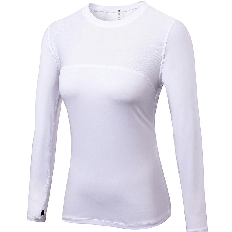 White women's elastic long sleeve running top, perfect for gym, yoga, and workouts. Breathable and quick-dry sportswear.
