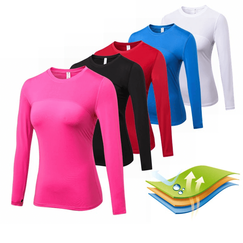 Colorful women's long sleeve running tops in pink, black, red, blue, and white, showcasing breathable quick-dry sportswear.