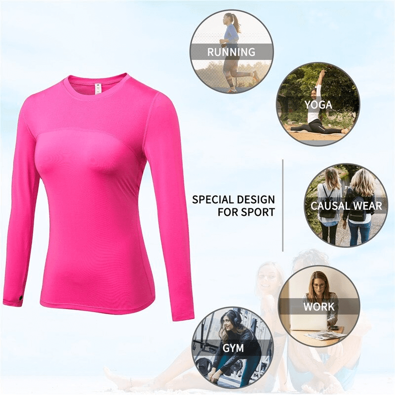 Women's pink elastic long sleeve running top for gym, yoga, and casual wear with breathable, quick-dry fabric.