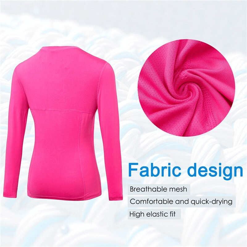 Pink women's long sleeve compression top with fabric details, breathable mesh, quick-dry, and high elastic fit for gym wear.