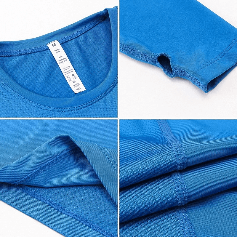 Close-up of Women's Blue Elastic Long Sleeves Running Top with breathable, quick-dry polyester/spandex fabric details.