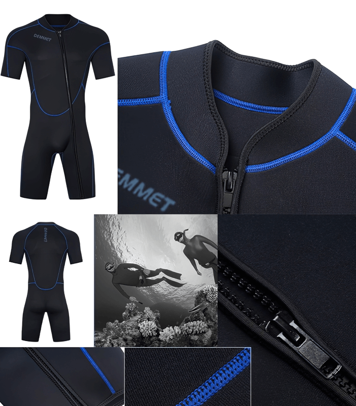 Elastic men's short-sleeve wetsuit for snorkeling, featuring durable 4-way stretch neoprene, ideal for underwater adventures.