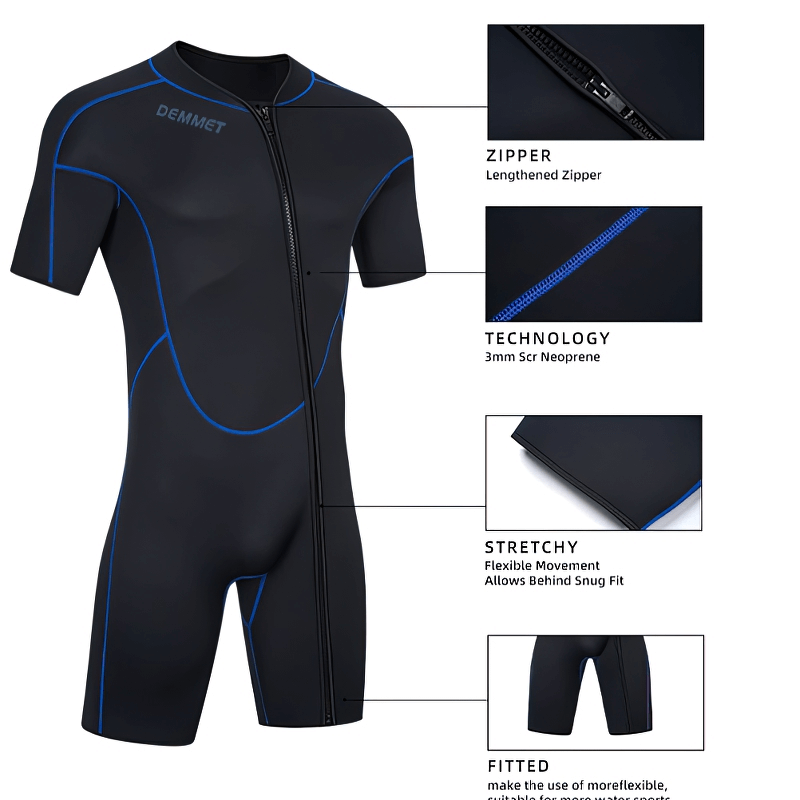 Elastic men's short-sleeve wetsuit for snorkeling, featuring 4-way stretch neoprene, blue stitching, and front zipper. Model SF0859.