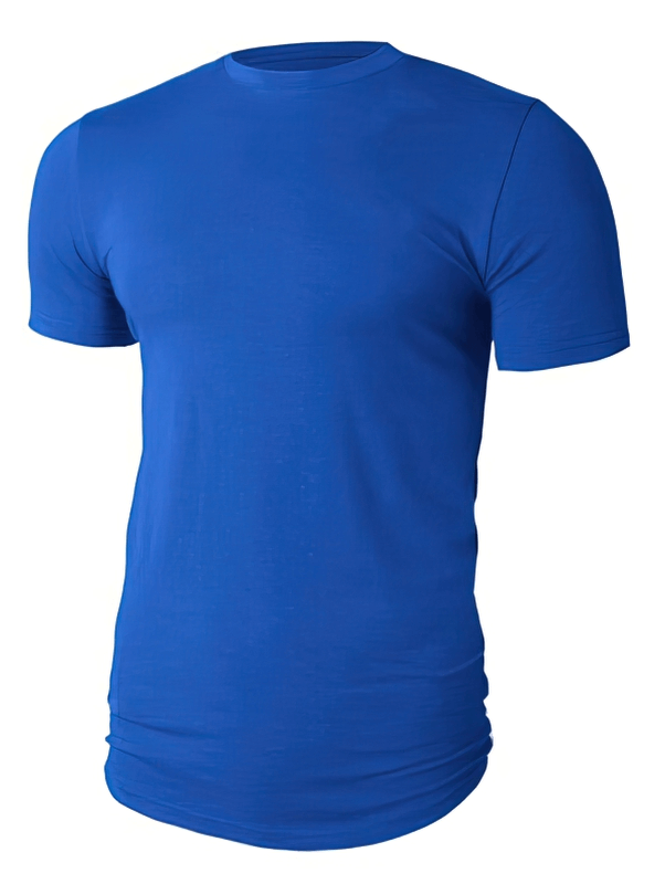 Elastic plain sports quick-drying men's T-shirt in blue, perfect for outdoor activities with classic O-neck and breathable fabric.