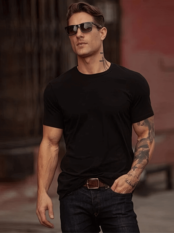 Man wearing Elastic Plain Sports Quick-Drying Men's T-Shirt, black, O-neck, ideal for outdoor activities.