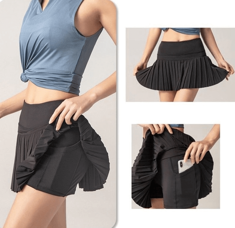Elastic pleated skirt-shorts for women, perfect for sports and fitness; features a pocket, slim fit, and no-fade polyester fabric.