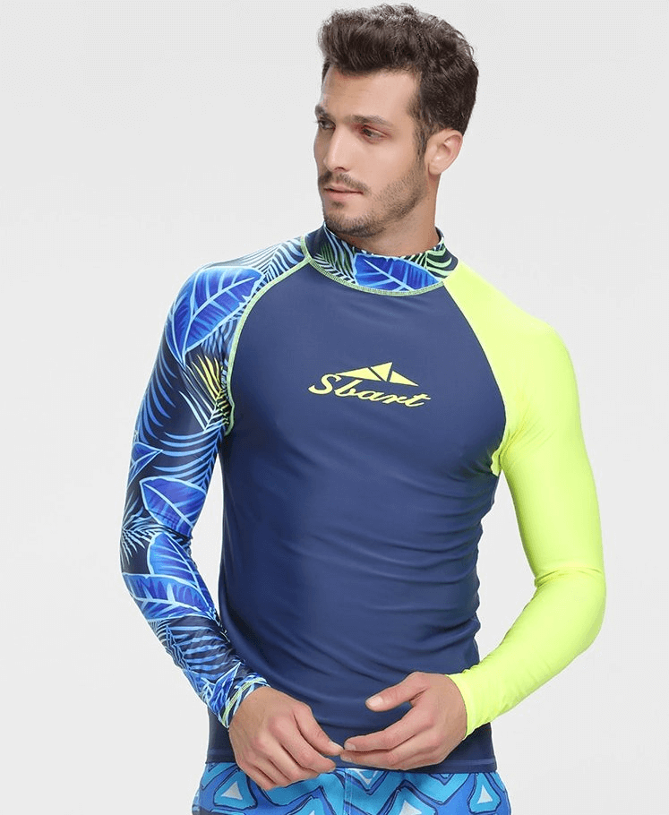 Men's Elastic Quick Dry Diving Top with UV protection, blue and yellow design, perfect for surfing and swimming - SF0945