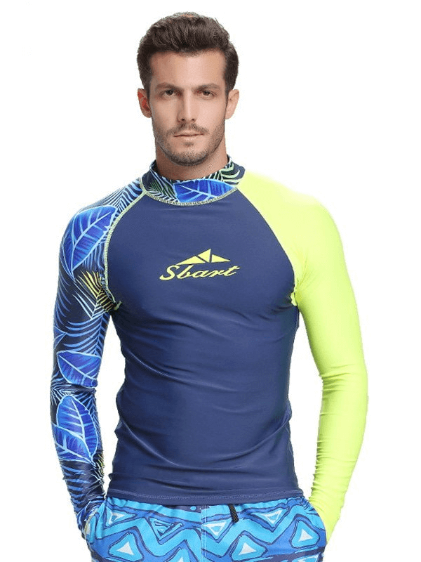 Stylish men's elastic quick-dry long sleeve diving top in blue and neon, perfect for surfing and swimwear, featuring UV protection.
