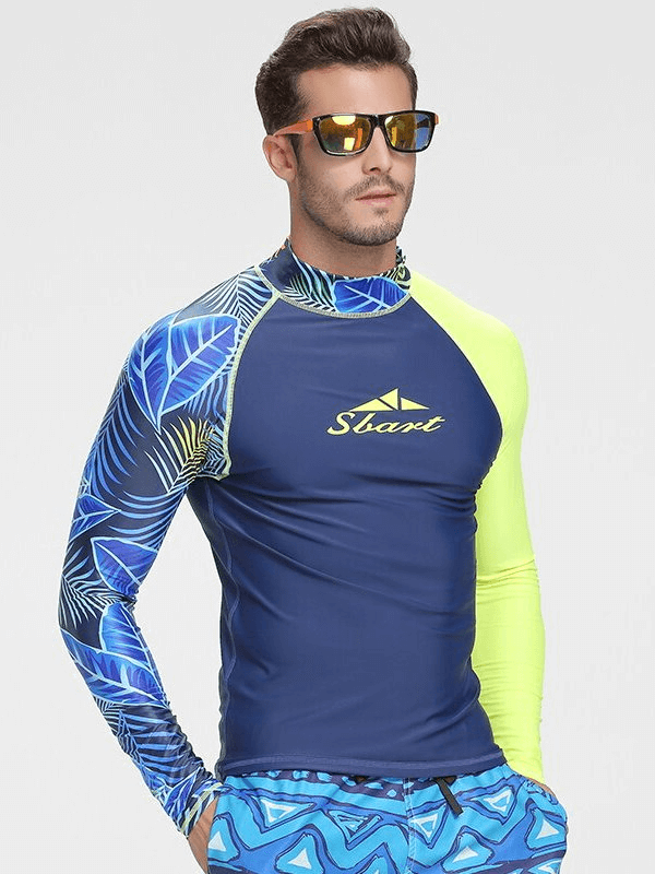 Elastic quick dry men's long sleeve diving top with blue and neon designs, ideal for surfing and swimming, providing UV protection.