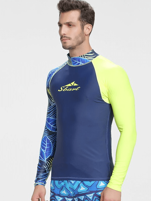 Elastic Quick Dry Men's Long Sleeve Diving Top in blue and neon yellow, perfect for sun protection and water sports.