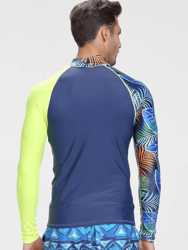 Back view of men's long sleeve elastic quick dry diving top with vibrant sleeves, perfect swimwear for UV protection and flexibility.