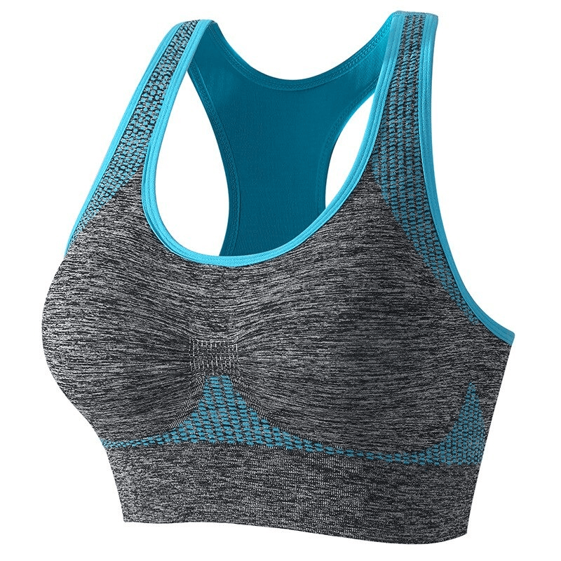 Elastic quick-dry women's bra-top with lining, wire-free seamless design in grey and blue, perfect for active lifestyle.